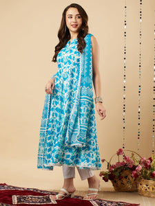Gosriki Women'S Cotton Blend Anarkali Printed Kurta With Pant & Dupatta (Kalishta Sky Blue-Nw-Gs_Xxl_Sky Blue_Xx-Large),Sky Blue,2,B0CJ38G448