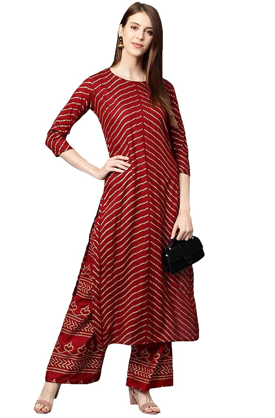 Gosriki Women'S Rayon Straight Printed Kurta With Palazzo(Kutch-New-Red_S-Red_Small),Red,,B0987RKLZC