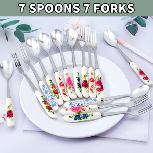14 Pcs Dessert Forks and Spoons Silverware Set,Stainless Steel Small Appetizer Forks,Mini Coffee Spoons Salad Fork with Ceramics