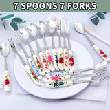 14 Pcs Dessert Forks and Spoons Silverware Set,Stainless Steel Small Appetizer Forks,Mini Coffee Spoons Salad Fork with Ceramics