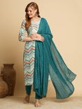 Anni Designer Women'S Cotton Blend Straight Printed Kurta With Pant & Dupatta (Kamkoj Teal_S_Blue_Small),Teal Blue,S,,,