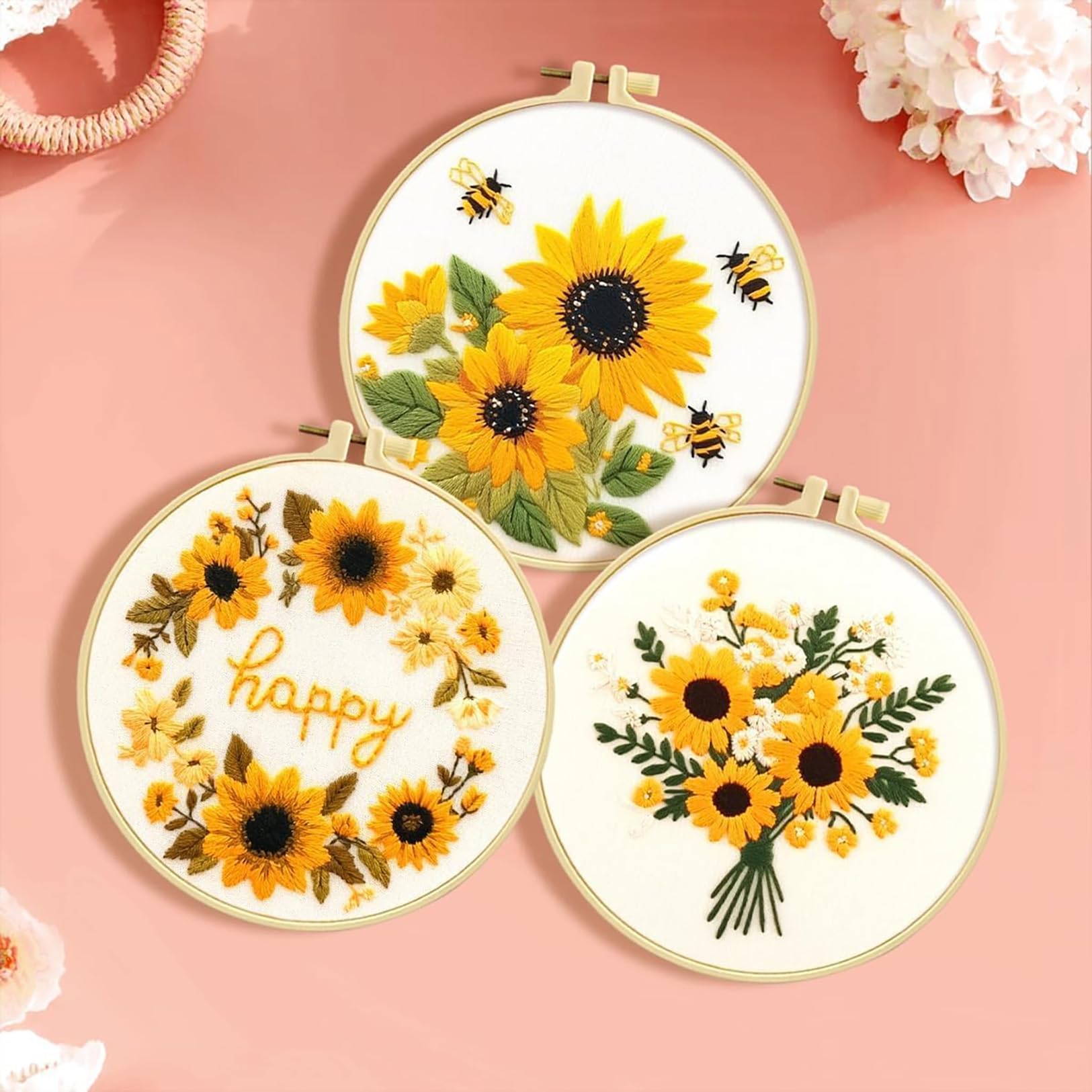 Zhenqing Sunflower Embroidery Kit 3 Designs | 11.4x11.4 Beginner-Friendly Hand Embroidery Set with Hoop & DMC Threads | DIY Home