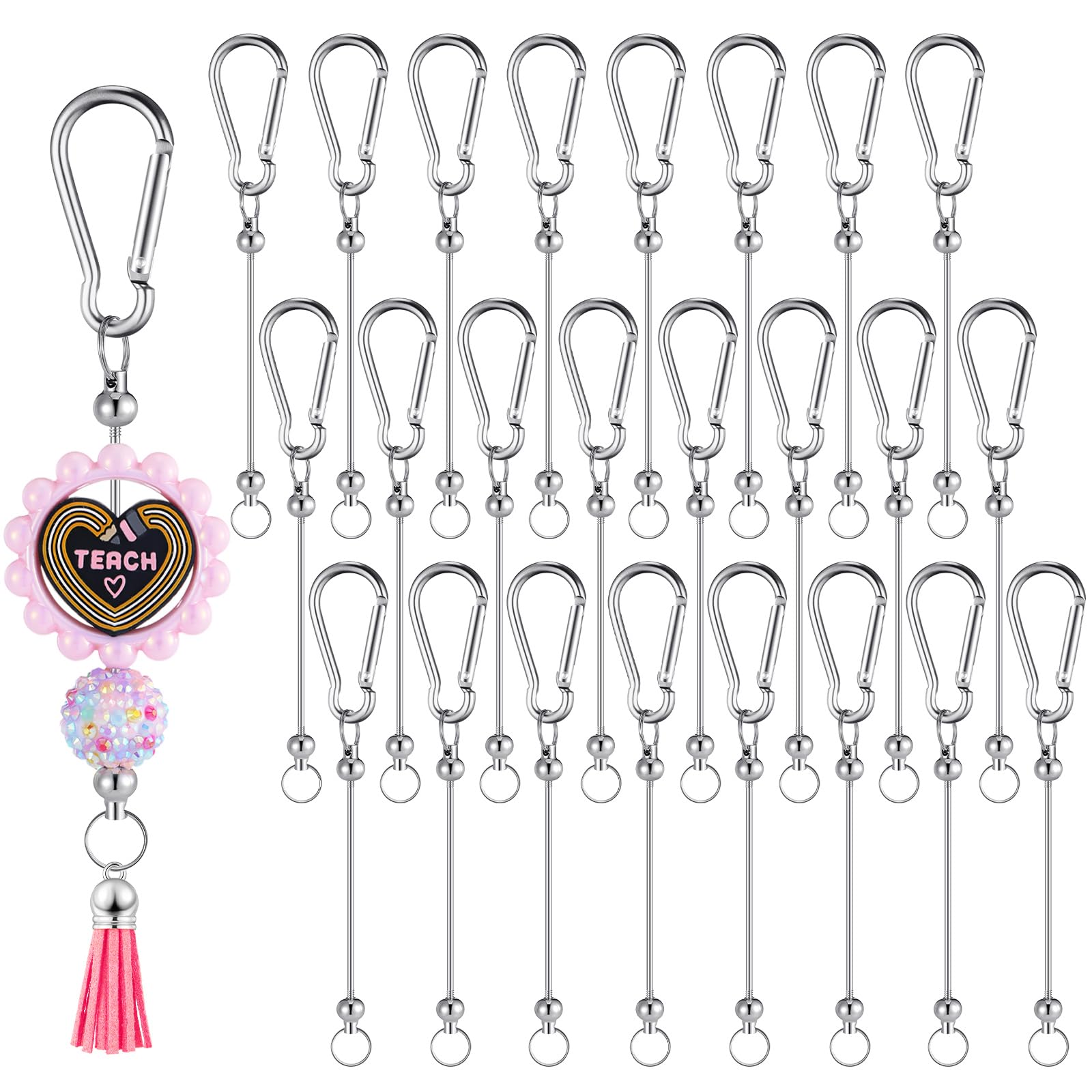 Dunzoom 24 Pieces Beadable Keychain Bars Bulk DIY Bead Blank Sliver Snap Hook Keychain Bar for Bead for DIY Gift