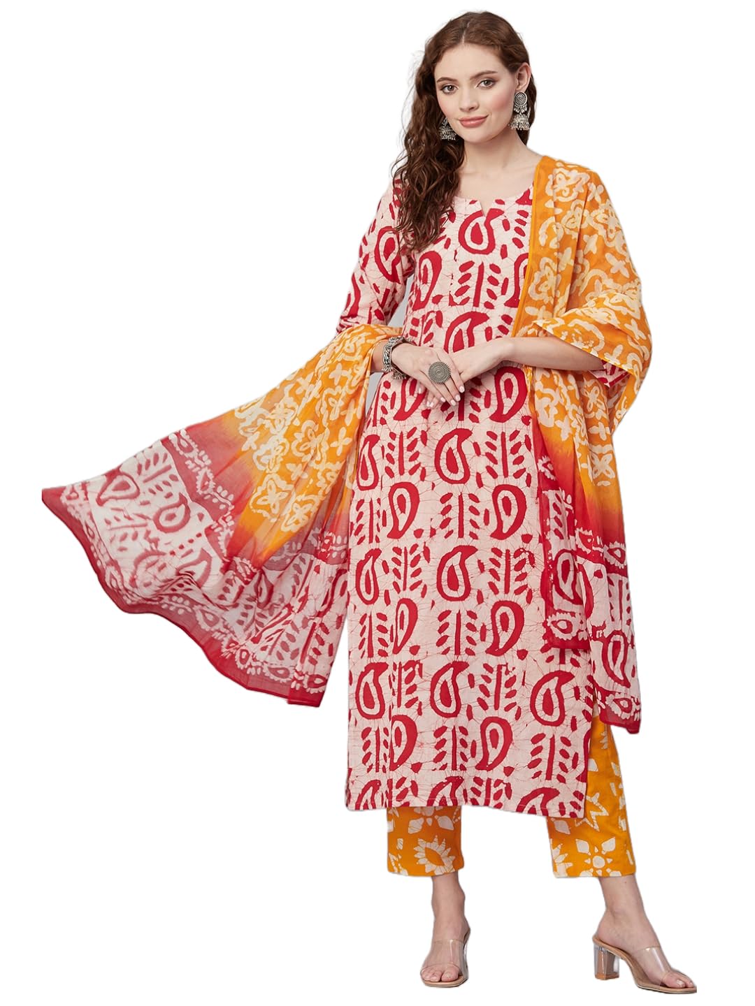 Anni Designer Women'S Cotton Blend Printed Straight Kurta With Pant & Dupatta (Tiguna-Pink_L_Pink_Large),Pink,L