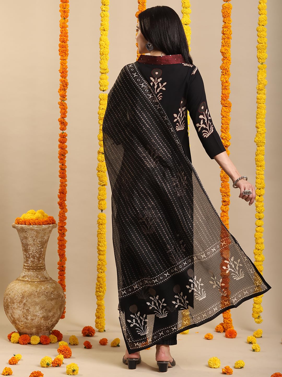 Anni Designer Women'S Rayon Blend Straight Printed Kurta With Pant & Dupatta (Jimny Black-Vks02_S_Black_Small),Black,S,Rayon Blend,Regular,