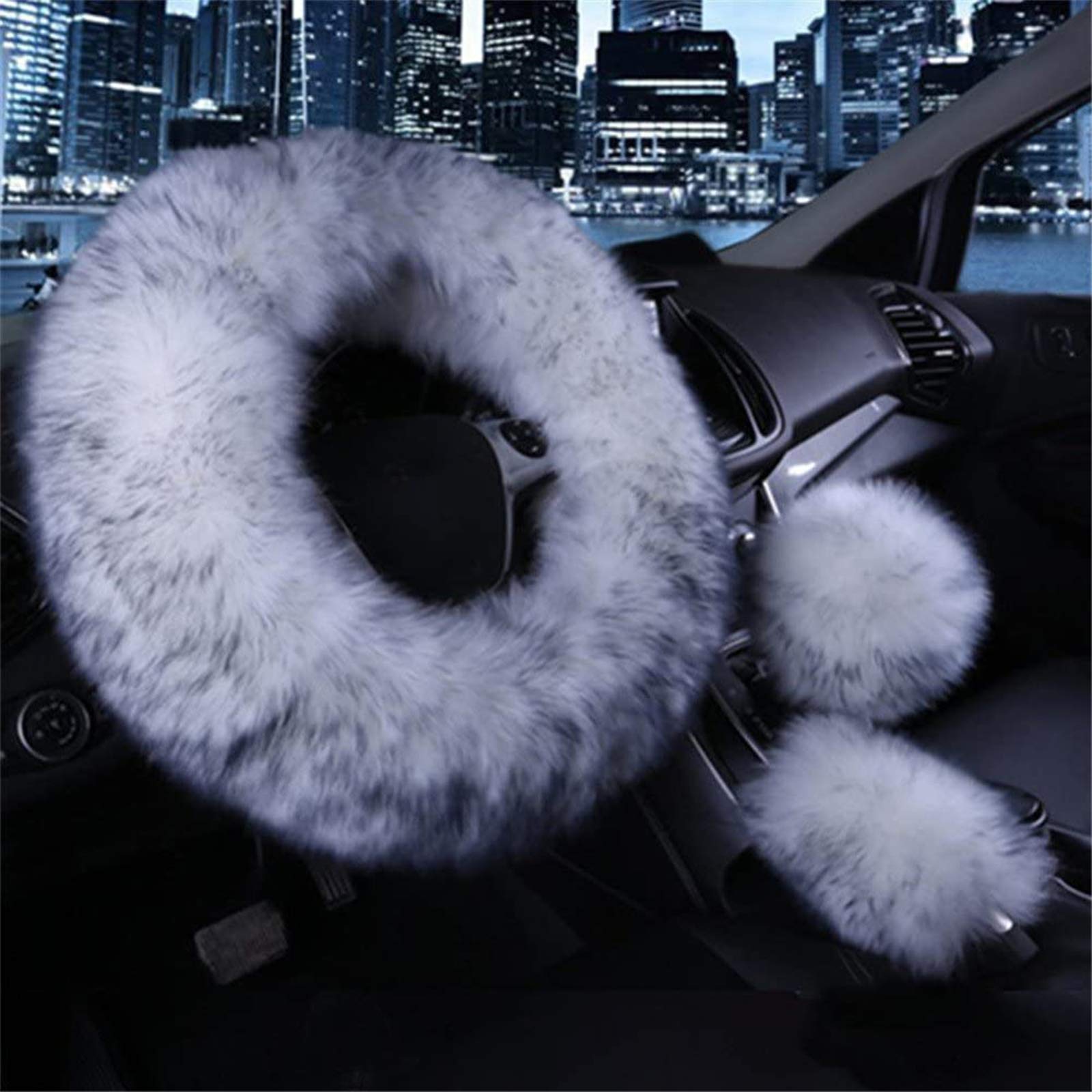 SPANICE 3 Pcs Car Steering Wheel Cover & Handbrake Cover & Gear Shift Cover Set Faux Wool Warm Winter (White&Gray)