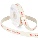 Kryvus Merry Christmas Ribbon, 5/8 Inch x 12 Yards Natural Cotton Herringbone Ribbon with Red Merry Christmas Print for Gift Wra