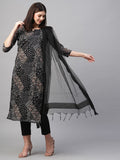 Anni Designer Women'S Georgette Floral Straight Kurta With Pant & Dupatta (Pivis Black,Black,L,Georgette,Regular,Dupatta