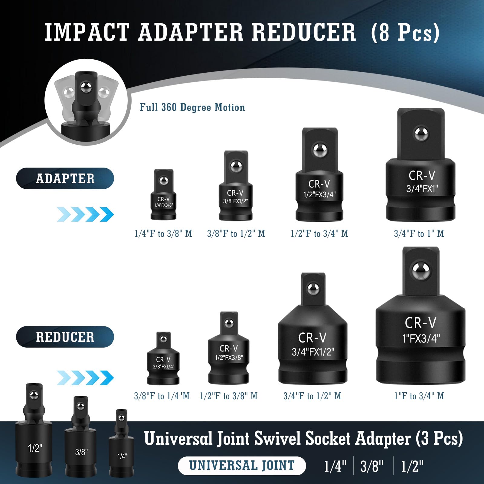 11PCS Impact Socket Adapter and Reducer Set, 1/4 3/8 1/2 3/4 1 Inch Square Drive Wrench Adapter, CR-MO Steel, for Dril