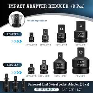 11PCS Impact Socket Adapter and Reducer Set, 1/4 3/8 1/2 3/4 1 Inch Square Drive Wrench Adapter, CR-MO Steel, for Dril