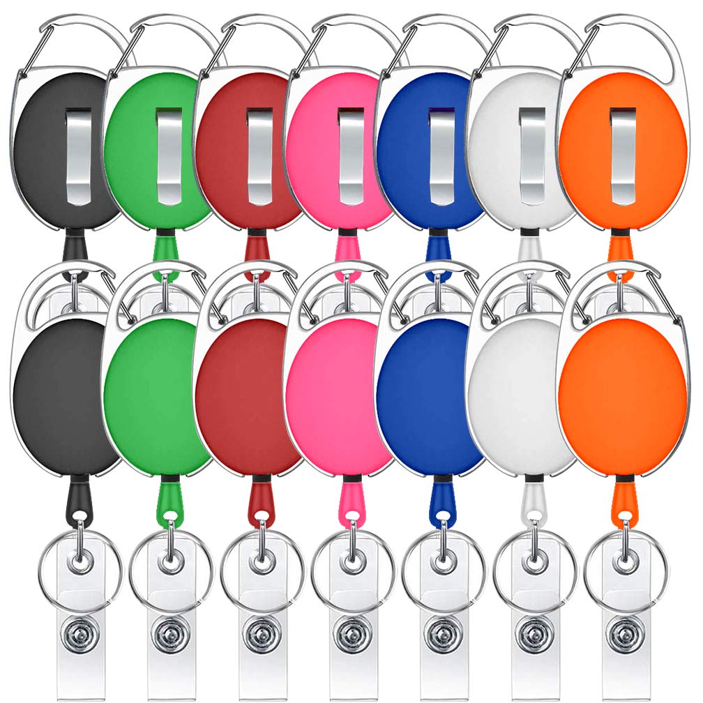 14 Pack Retractable Badge Holder Viaky Mixed Colors Carabiner Badge Reel with Clips for Key Ring and ID Cards(7 Colors)
