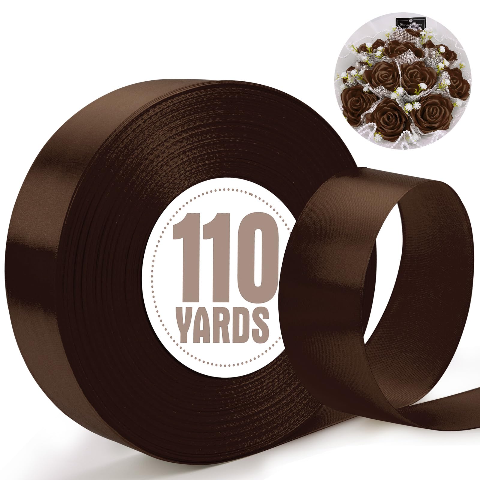 XSEINO 110 Yards Ribbon,1 1/2 Inch Brown Satin Ribbon for Flower Bouquet, Gift Wrapping, Ribbons for Crafts, Hair Bows Making, W