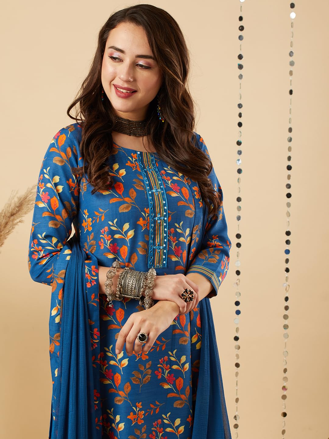 Anni Designer Women'S Cotton Blend Printed Straight Kurta And Pant With Dupatta Set (Kaleping-Kerosin-Nw_M_Dark Blue_Medium),Dark Blue,M,Cotton Blend,Regular,