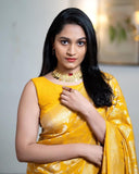 Flosive Womens Present Banarasi Soft Lichi Silk Saree Beautiful Jacquard Rich Pallu Design Work Zari Woven Kanjivaram Silk Style Saree With Soft Lichi Silk Blouse Piece (Yellow)