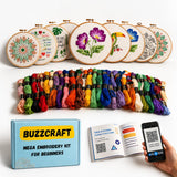Buzzcraft Embroidery Kit For Beginners, Complete Hand Embroidery Starter Kit With 10 Pre Printed Fabric Patterns, Embroidery Hoo
