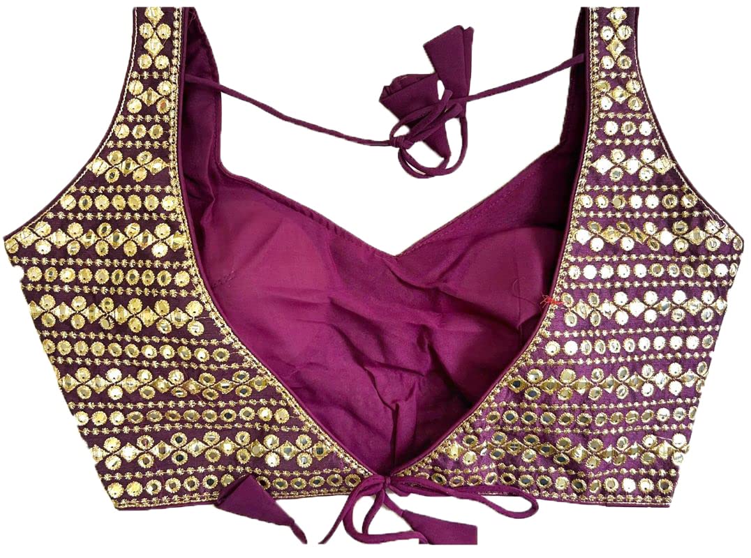 Vihu Fashion Womens Readymade Sweetheart Neck Sleeveless Mirror Saree Blouse.(Paper Foil Wine_38)