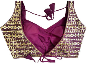 Vihu Fashion Womens Readymade Sweetheart Neck Sleeveless Mirror Saree Blouse.(Paper Foil Wine_38)