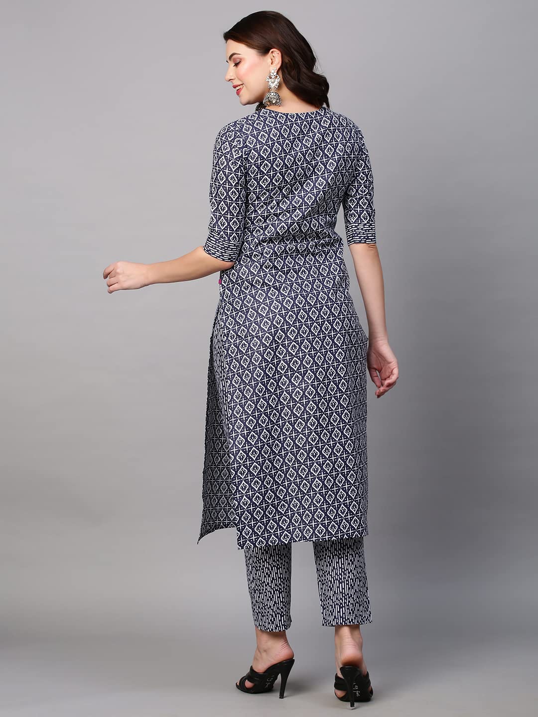 Gosriki Women'S Cotton Blend Printed Straight Kurta With Pant (Thaya Blue-Nwfb08-Gs_Xl_Blue_X-Large),Navy Blue,,B0BTJ554LZ