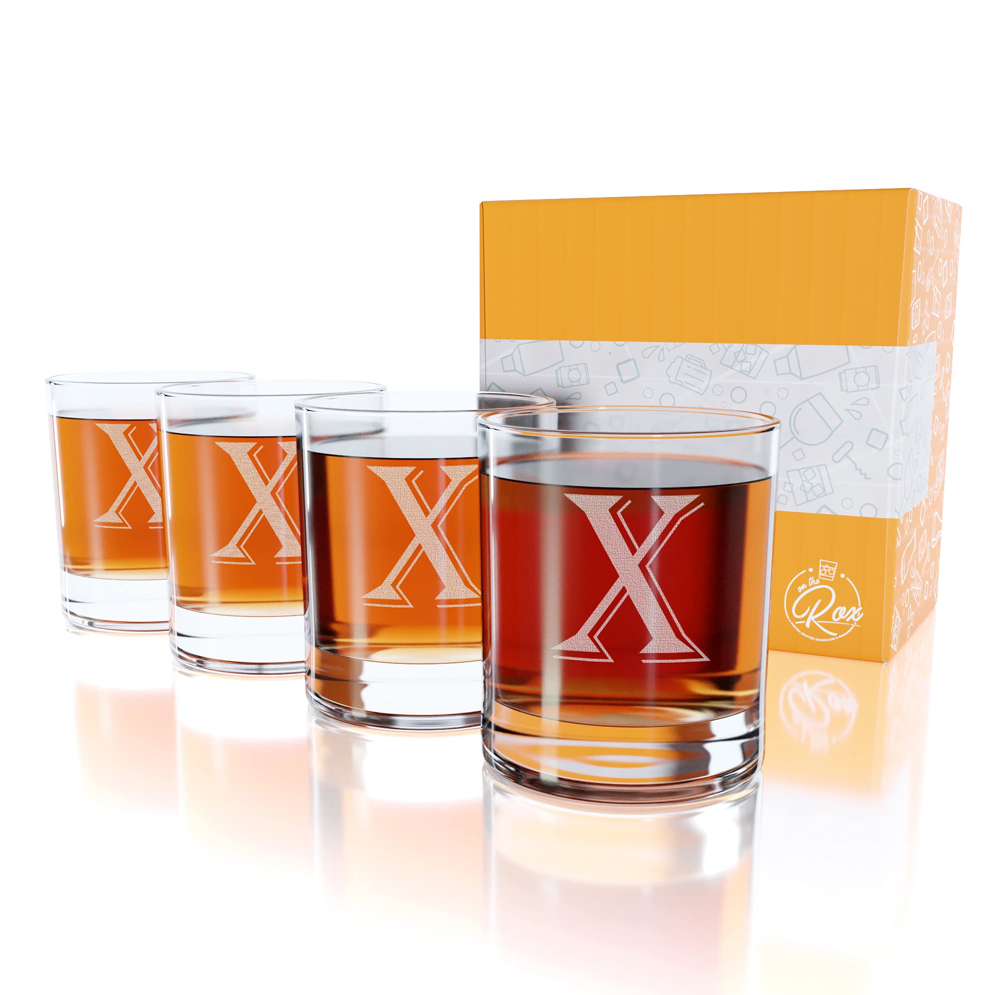 (X-Monogram)- 4 Piece Set of 11 Ounce Engraved Heavy Base Rocks Glasses- Quality Elegant Glass-Multi-Purpose Beverage-Rocks Glas