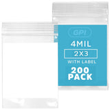 GPI - 2 x 3 - Bulk Pack of 200, 4 Mil Thick, Heavy Duty, Clear Plastic Reclosable Zip Bags, With Write-on White Block for Labeli