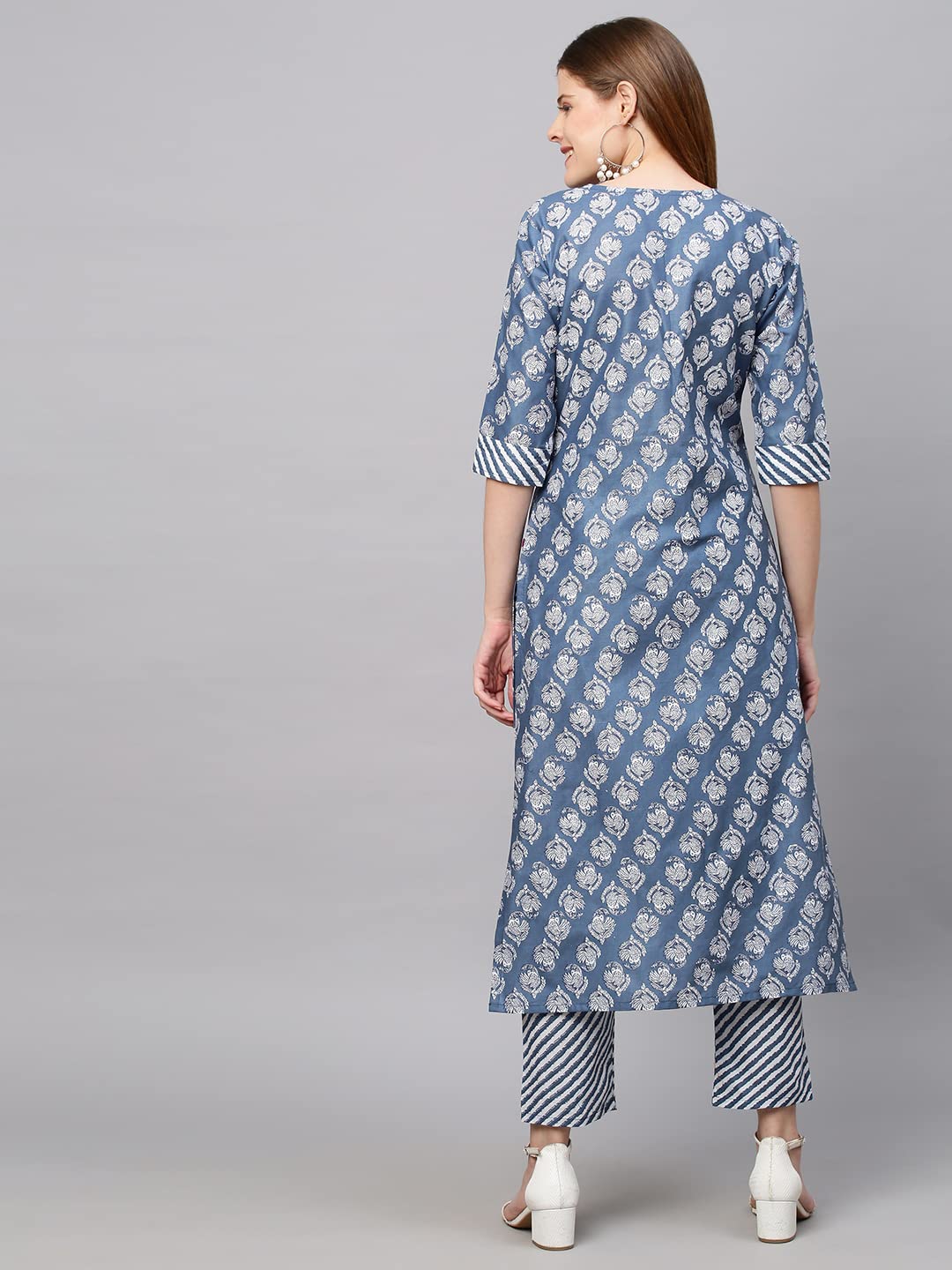 Gosriki Women'S Cotton Blend Printed Straight Kurta With Pant (Funnu Blue_M-Go_Blue_Medium),Blue,,B09X1TBWHL