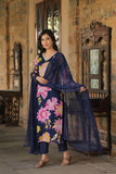 Gosriki Women'S Cotton Blend Straight Printed Kurta With Pant & Dupatta (Mahito Navy Blue-Gs_S_Blue_Small),Navy Blue,,B0CQPHN8WP
