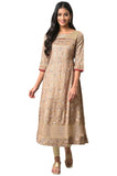 Beige Foil Printed A-Line Liva Kurta