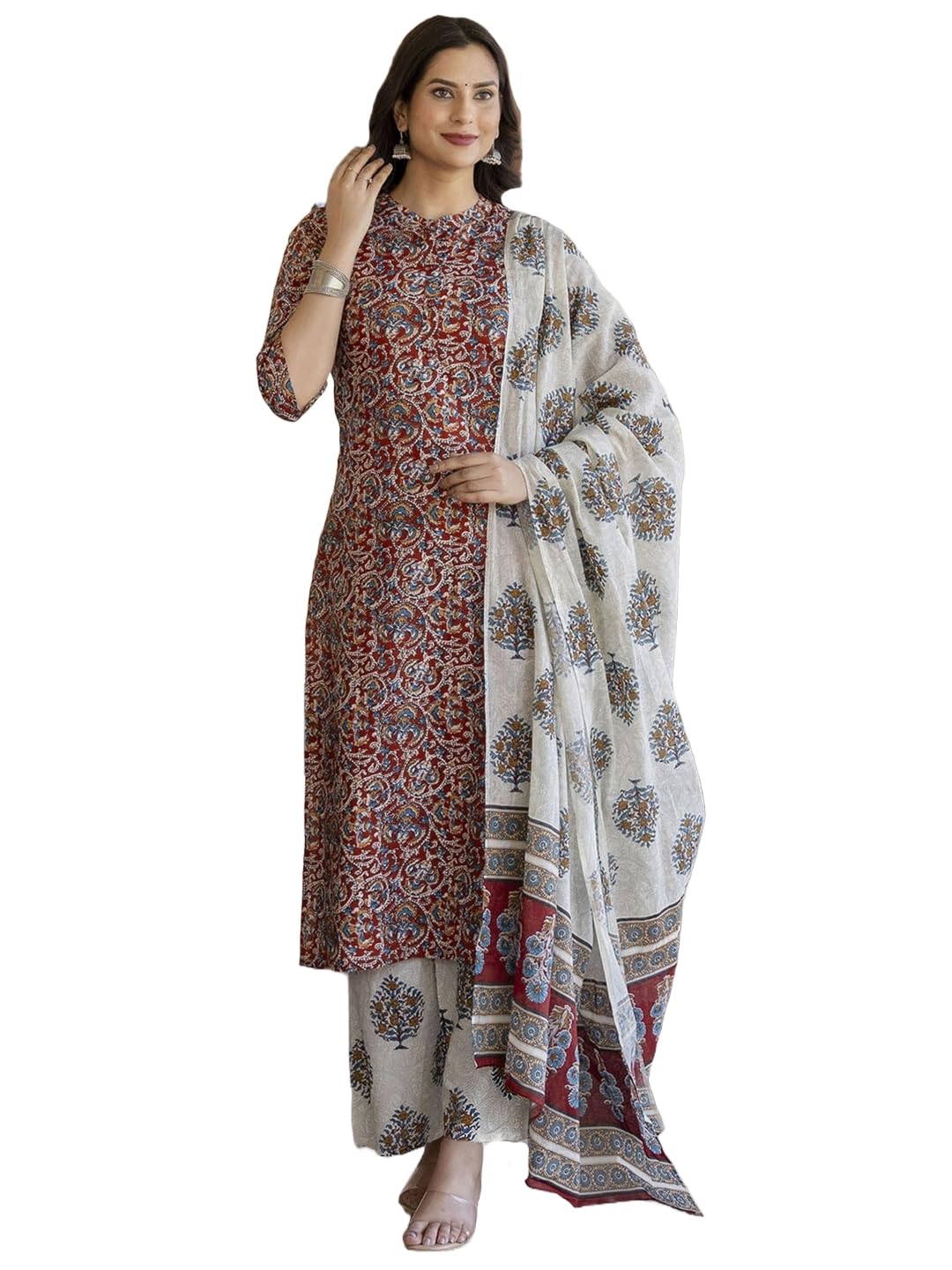 Anni Designer Women'S Cotton Blend Printed Straight Kurta Plazzo With Printed Dupatta (Aabina Maroon_Xl_Maroon_X-Large),Maroon,XL,,,