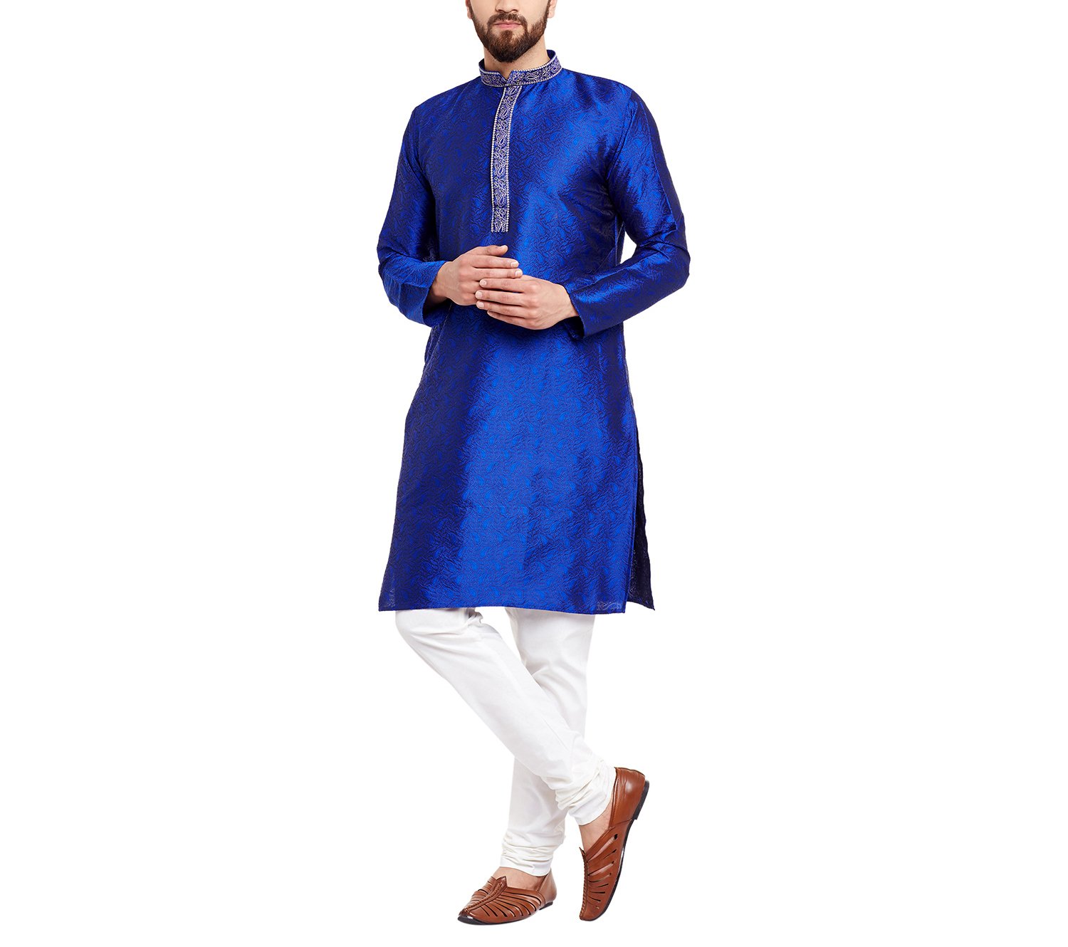 Sojanya (Since 1958 Men'S Royal Blue Jacquard Silk Kurta & Churidaar Pyjama