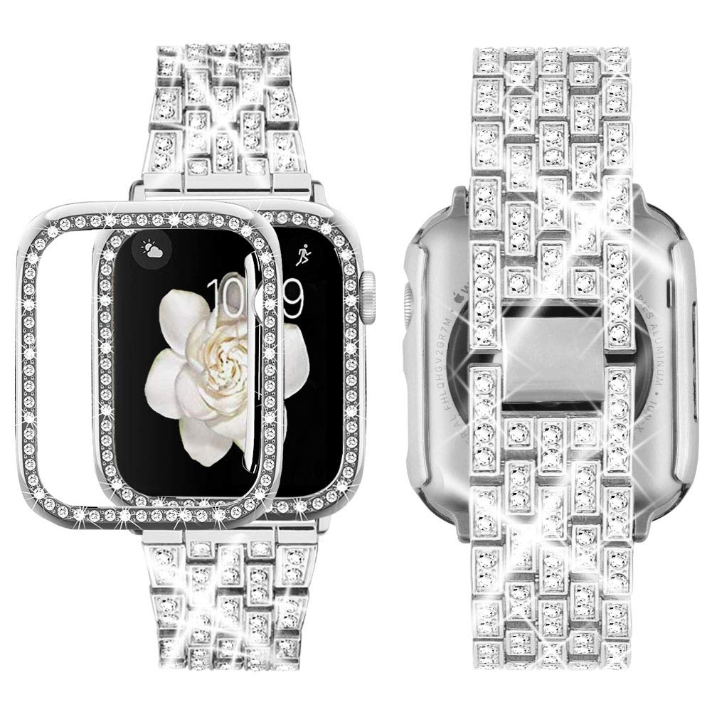 SUPOIX Compatible with Apple Watch Band 45mm + Case, Women Jewelry Bling Diamond Replacement Metal Strap & Soft TPU Bumper Prote