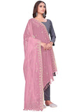 Kemza Organza Embroidered Dupatta With Mirror & Sequence Work, Tassel Lace Border, Floral Butti Design (Peach, Free Size)