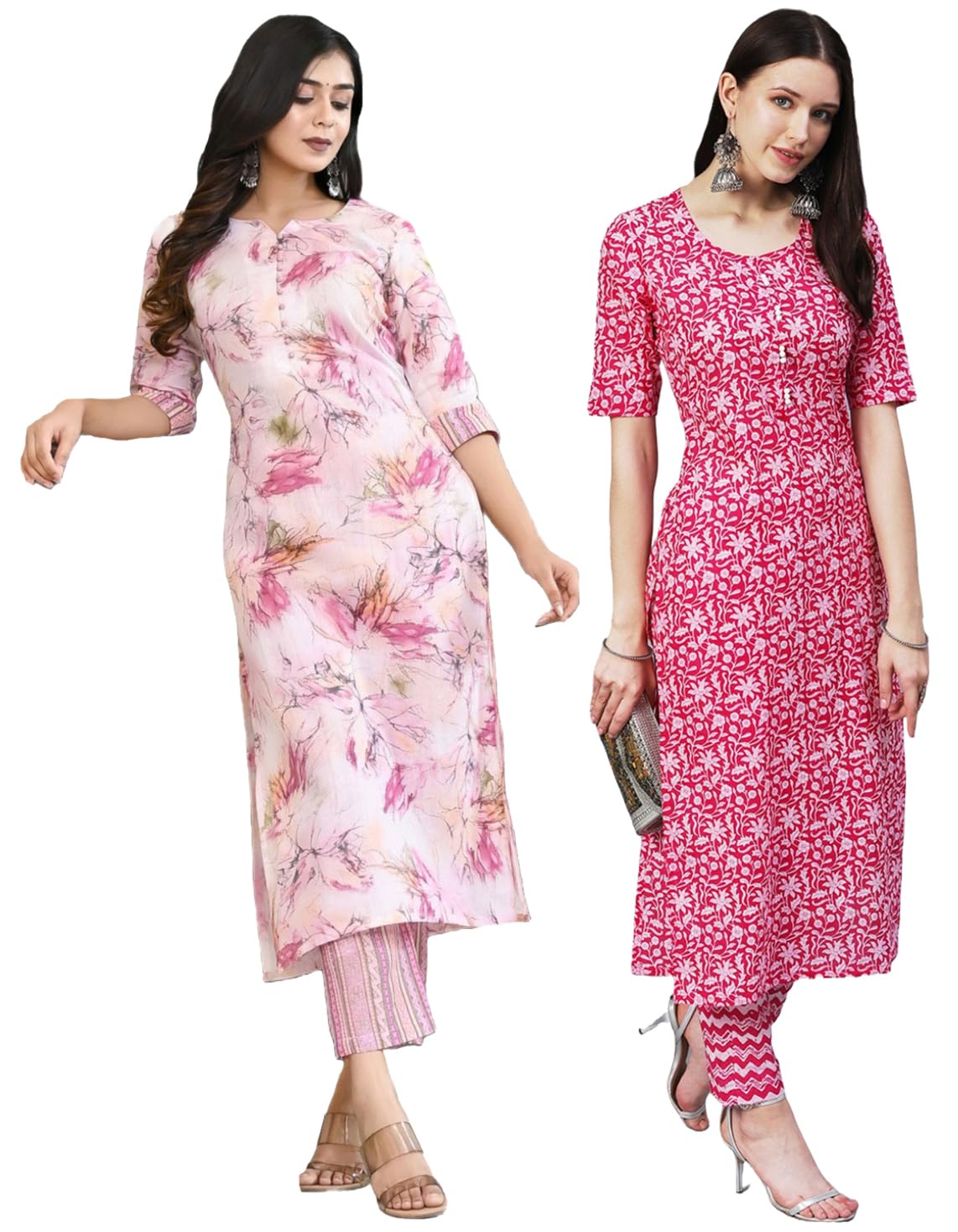 Anni Designer Women'S Cotton Blend Printed Straight Kurta With Pant Pack Of 2 (Combo-Azrak Pink -Ps Pink_S_Multi_Small),Black,S