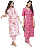 Anni Designer Women'S Cotton Blend Printed Straight Kurta With Pant Pack Of 2 (Combo-Azrak Pink -Ps Pink_S_Multi_Small),Black,S