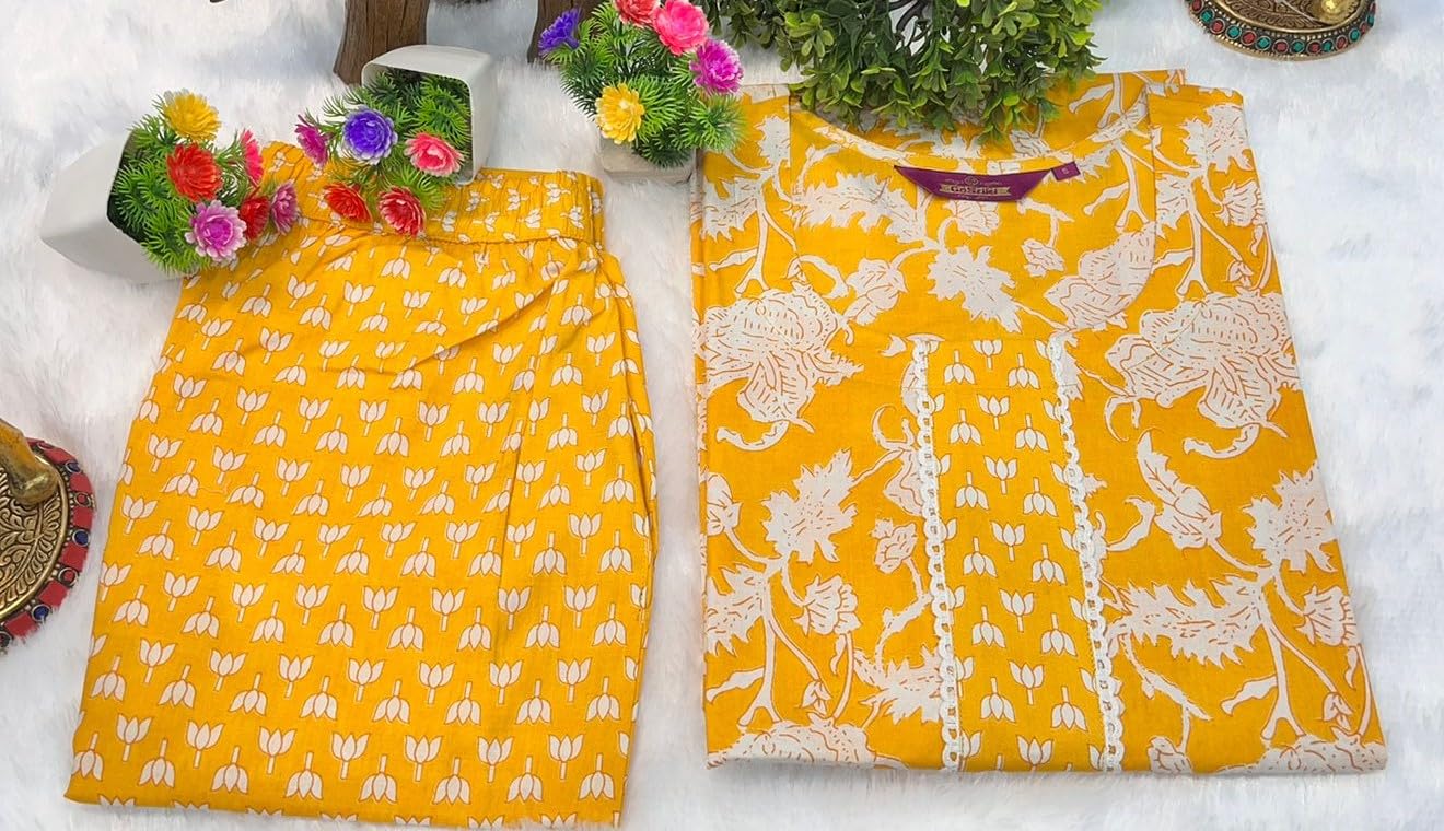 Anni Designer Women'S Cotton Blend Printed Straight Kurta With Pant (Teri Yellow-Jsw_Xxl_Yellow_Xx-Large),Yellow,2XL,Cotton Blend,Regular,Kurta