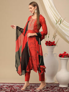 Gosriki Women'S Cotton Blend Printed Straight Kurta With Pant & Dupatta (Atal Red-Gs_Xl_Maroon_X-Large),Red,,B0D2NBDNZT