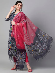 Gosriki Women'S Cotton Blend Printed Straight Kurta With Pant & Dupatta (Khara Blue-Gs_S_Blue_Small),Blue,,B0CD7S5VC9