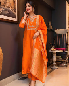 Anni Designer Women'S Silk Blend Straight Embroidered Kurta With Pant & Dupatta (Manushi Orange-Vks05_M_Orange_Medium),Orange,M,,,