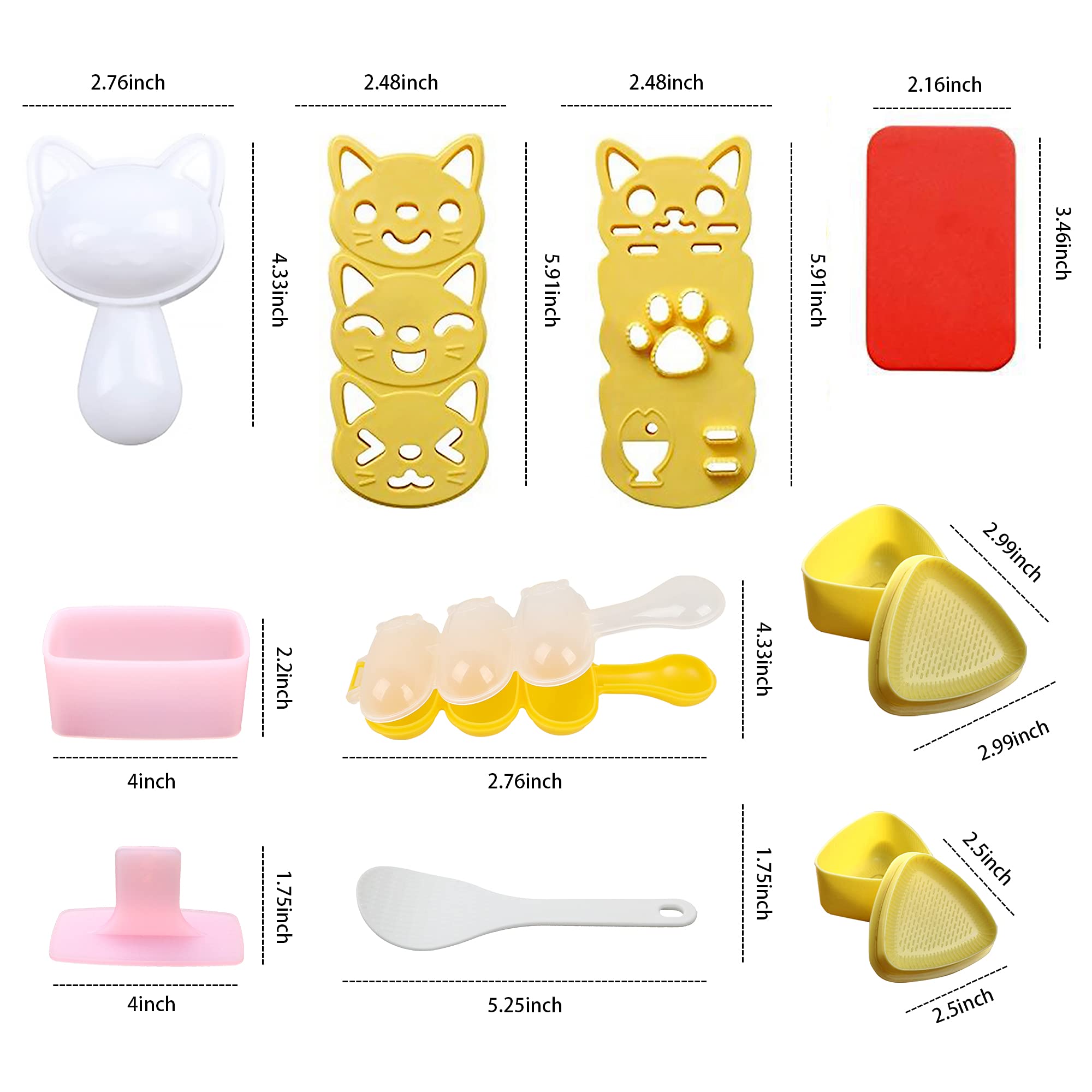 Cute Cat Rice Ball Molds 6 Sets Sushi Molds Bento Box Accessories Kits with 1PC Musubi Maker Press Mold, 2PCS Gimbap Molds Trian