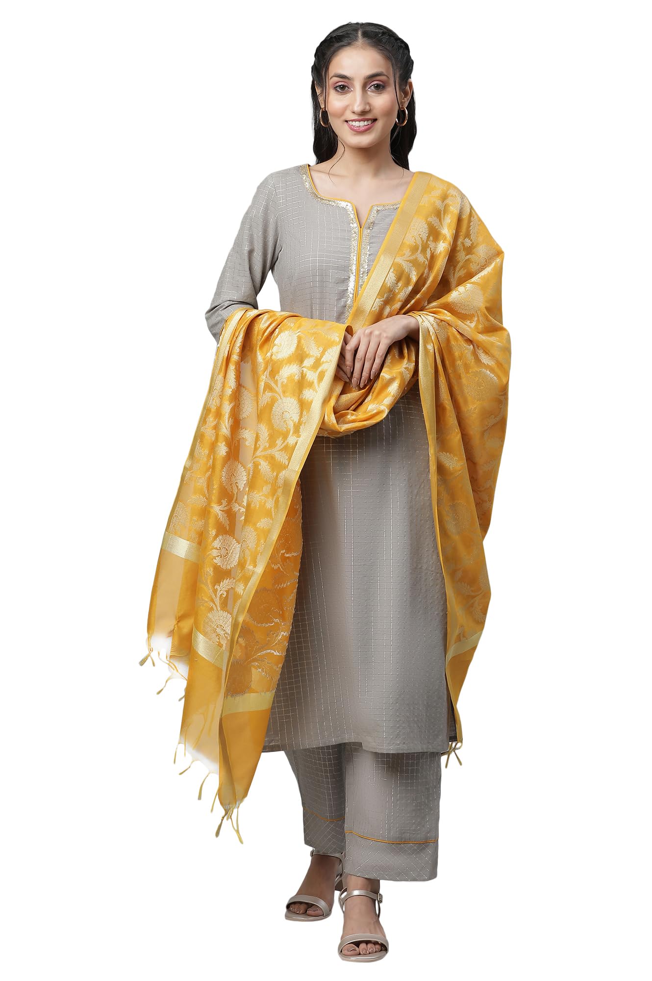 Aurelia Grey Checked Yarn Dyed Cotton Kurta Dupatta Bottomwear