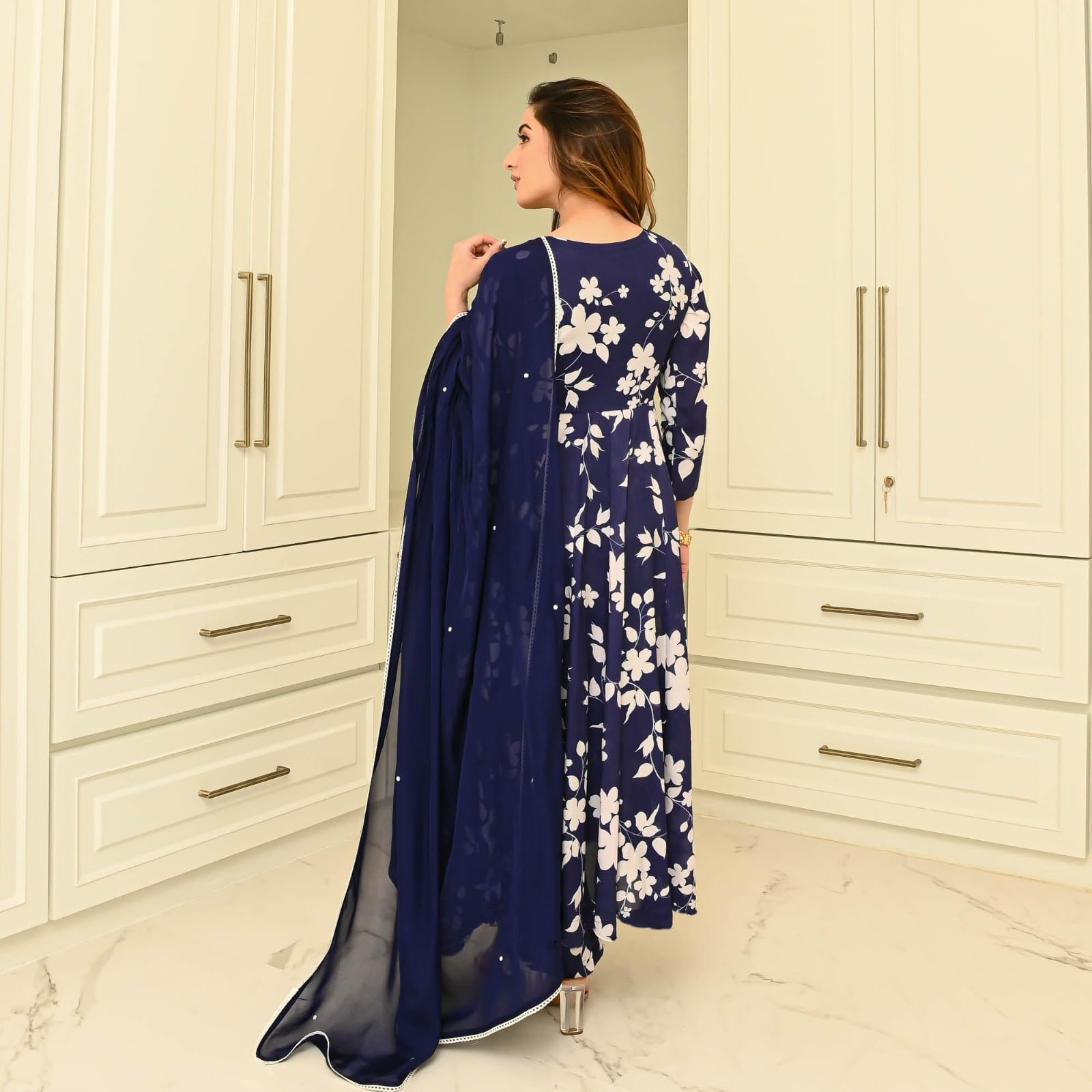 Anni Designer Women'S Rayon Blend Printed Anarkali Kurta With Pant & Dupatta (Kanodiya Blue_Xl_Blue_X-Large),Blue,XL,Rayon Blend,Anarkali,