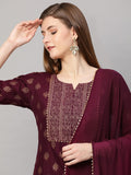 Anni Designer Women'S Cotton Blend Straight Printed Kurta With Pant & Dupatta (Coco Wine-Sm_Xxl_Wine_Xx-Large),Wine,2XL,,,
