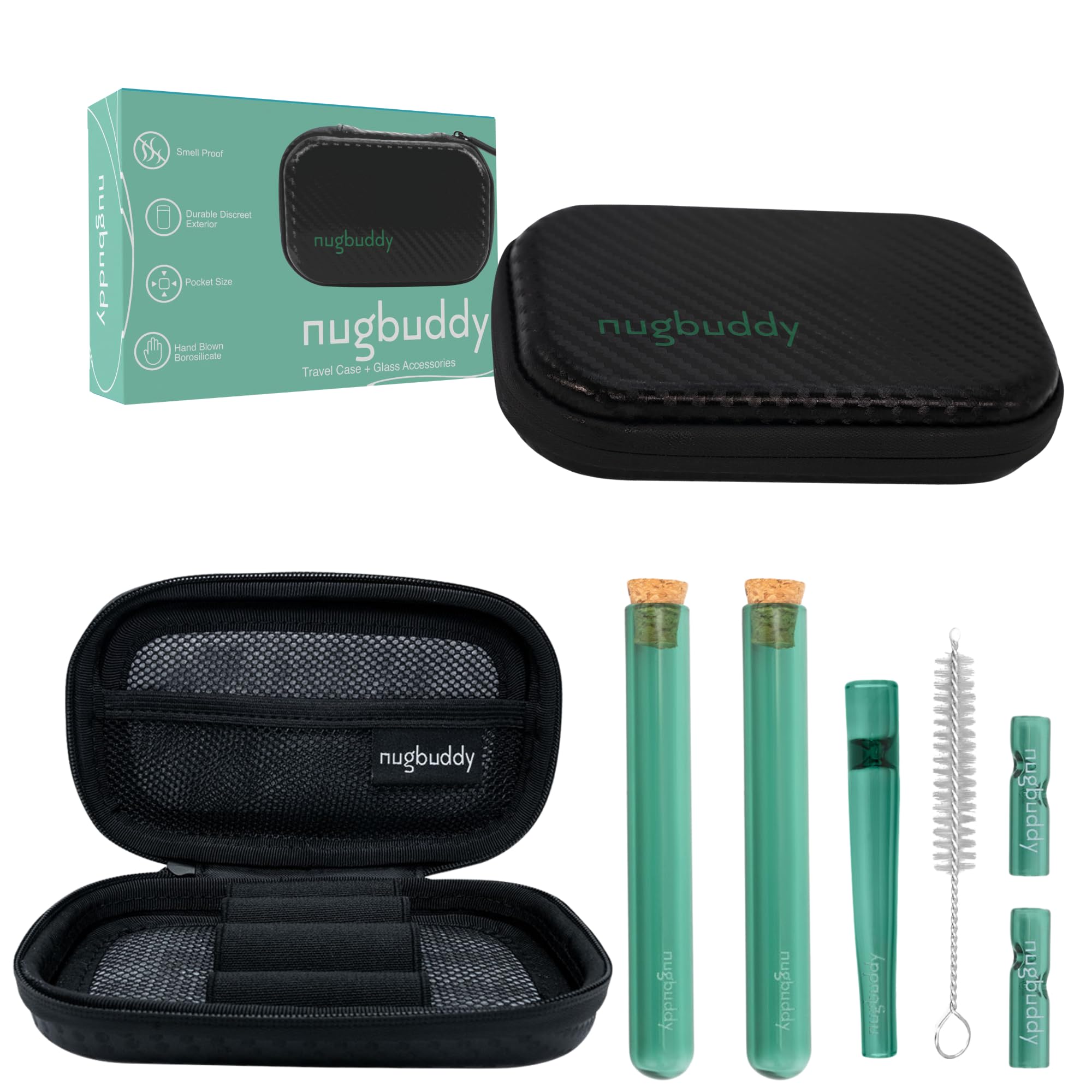 nugbuddy J-Kit - On The go Travel Case Accessory, No Odor Carbon Lining - Water Resistant Case - Glass Accessories with included