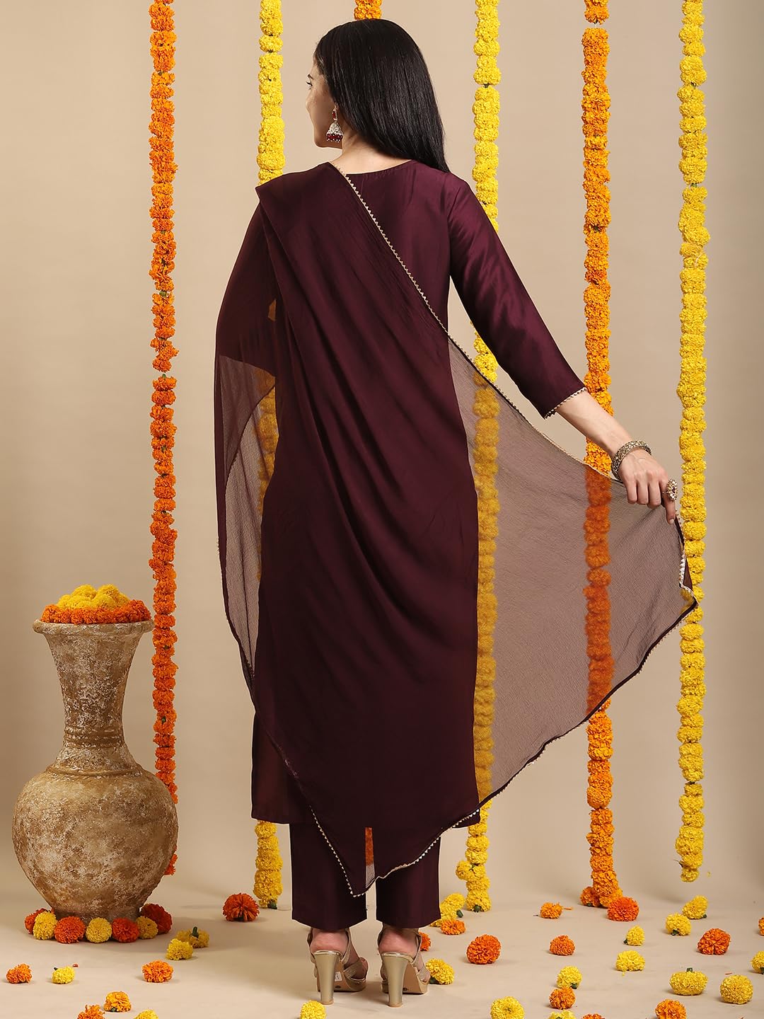 Anni Designer Women'S Rayon Blend Straight Embroidered Kurta With Pant & Dupatta (Togas Wine_Xxl_Wine_Xx-Large),Wine,2XL,Rayon Blend,Regular,