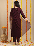 Anni Designer Women'S Rayon Blend Straight Embroidered Kurta With Pant & Dupatta (Togas Wine_Xxl_Wine_Xx-Large),Wine,2XL,Rayon Blend,Regular,