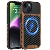 ZZDZZ Magnetic Case Compatible with iPhone 13 mini Case [Compatible with MagSafe] Wood and Leather Carbon Fiber Design Hybrid Sh