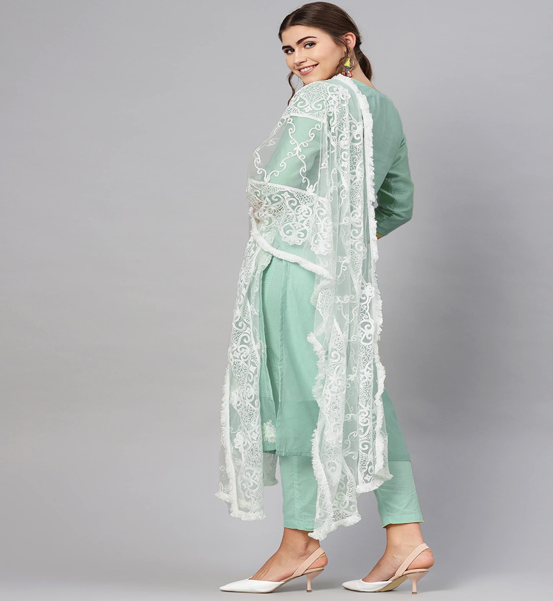 Anni Designer Women'S Ruby Cotton Straight Embroidery Kurti With Pant & Dupatta Set (White-Show Light Green_Xl Light Green_X-Large),Light Green,XL,Cotton Blend,Straight,Kurta, Scarf