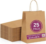 Brown Kraft Paper Bags with Handles 25 pcs 12x16x5 Large size Paper Carry Bags for Shopping Retail Merchandise, Party favor
