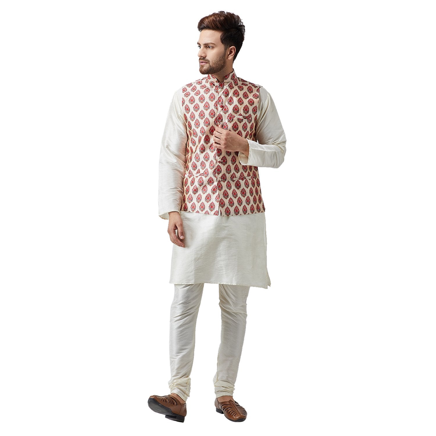 Sojanya (Since 1958 Men'S Silk Off-White Kurta Pyjama & Maroon Printed Nehru Jacket Set Size M