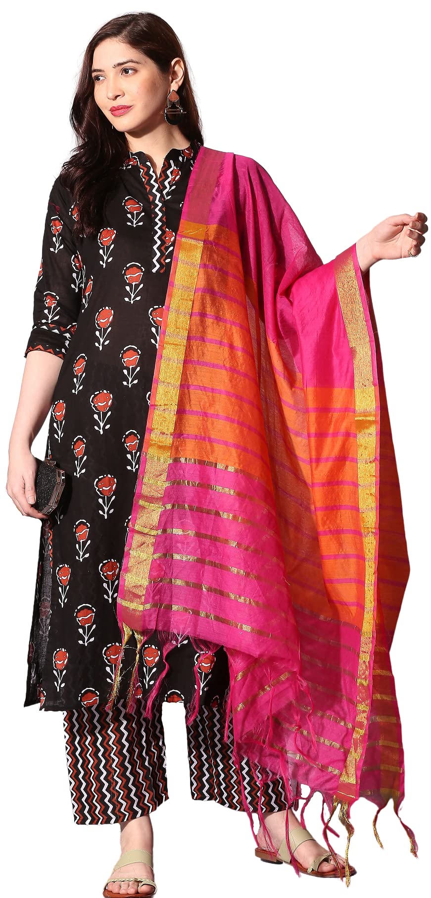 Anni Designer Women'S Pure Cotton Straight Kurta With Palazzo & Dupatta (Kpzd-Cot-10002-Black_Xxl_Black_Xx-Large),Black,2XL,Cotton Blend,Straight,Dupatta, Palazzo