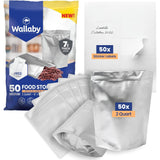 Wallaby 50 Count 2-Quart Gusset Mylar Bags with Labels, 14 Mil Total Thickness Long-Term Food Storage Pouches, 12x8 Stand-Up Zip